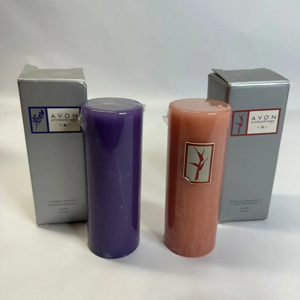 Avon Aromatherapy Pillar Candle Set Calming Lavender Peaceful Sandalwood Vintage